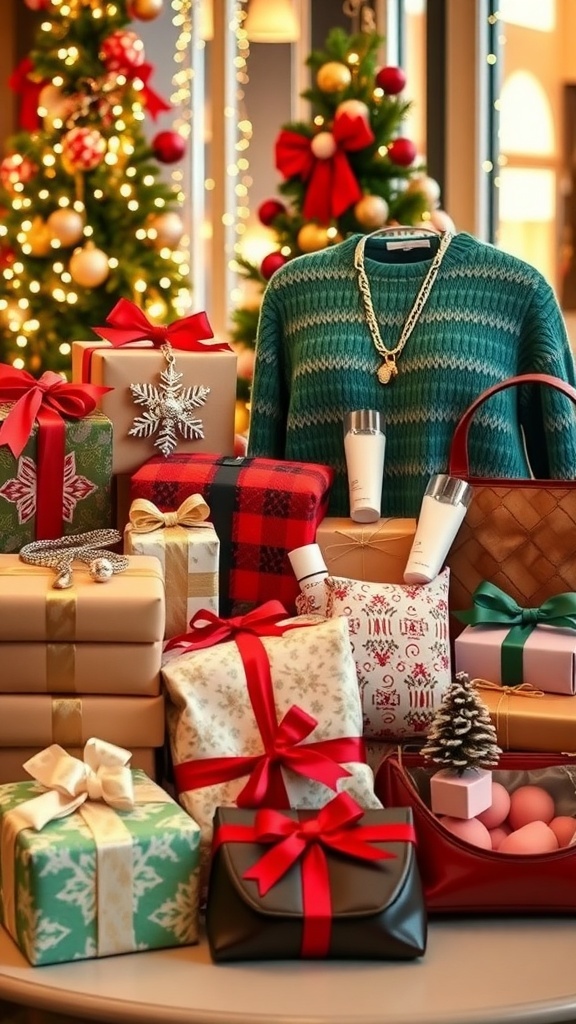 A collection of Christmas gifts for women, including jewelry, sweaters, and skincare products, wrapped in festive decorations.